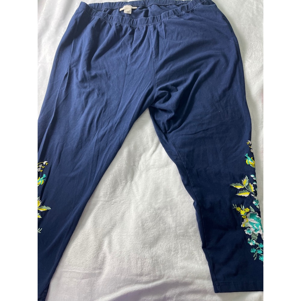 Woman Within Plus Size Navy Floral Embroidered Cotton Knit Leggings 2X Petite